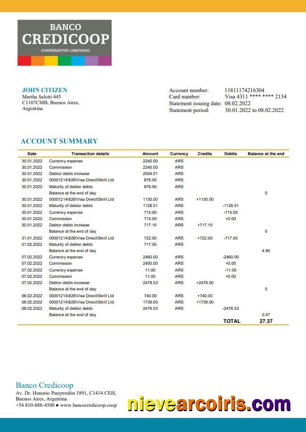 Argentina Banco Credicoop bank statement